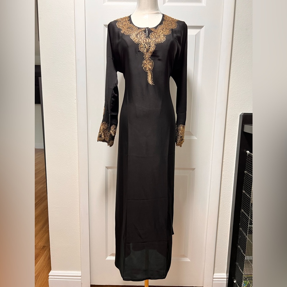 Elegant Black and Gold Embroidered Abaya Dress